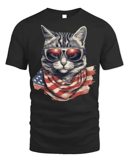 Patriotic Cat USA Flag Sunglasses Graphic T-Shirt - black t-shirt on white background