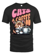 Cats and Coffee Retro Vintage Graphic T-Shirt - black t-shirt on white background