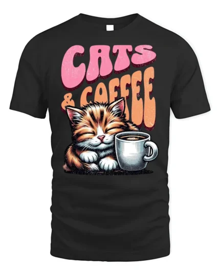 Cats and Coffee Retro Vintage Graphic T-Shirt - black t-shirt on white background