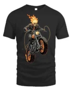 Flaming Skull Rider Motorcycle Graphic T-Shirt - black t-shirt on white background