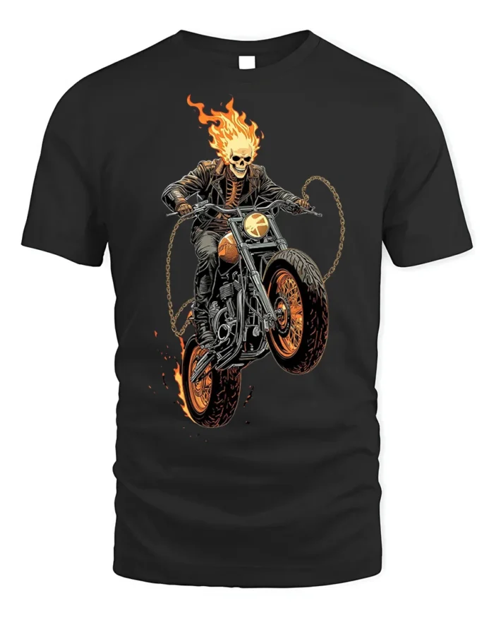 Flaming Skull Rider Motorcycle Graphic T-Shirt - black t-shirt on white background