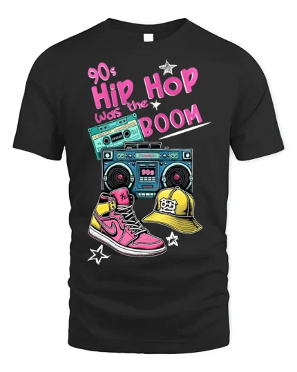 90s Hip Hop Boom Box Retro Style Graphic T-Shirt - black t-shirt on white background