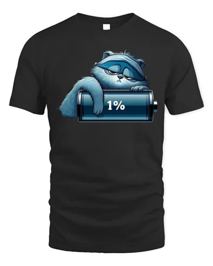 Lazy Cat Low Battery 1% Funny Graphic T-Shirt - black t-shirt on white background
