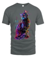 Colorful Music Cat Graphic Art Print T-Shirt - gray t-shirt on white background
