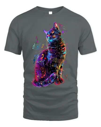 Colorful Music Cat Graphic Art Print T-Shirt - gray t-shirt on white background