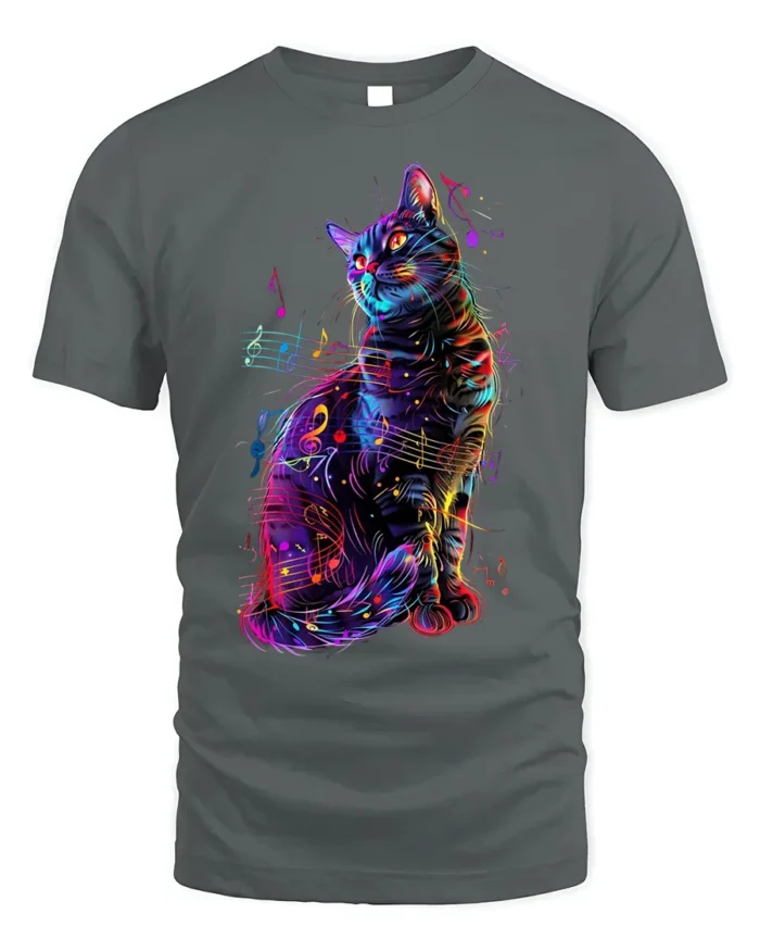 Colorful Music Cat Graphic Art Print T-Shirt - gray t-shirt on white background