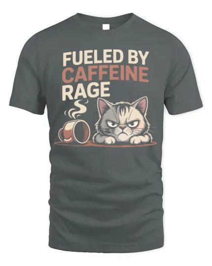 Fueled by Caffeine Rage Funny Cat T-Shirt - gray t-shirt on white background