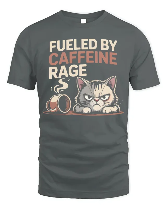 Fueled by Caffeine Rage Funny Cat T-Shirt - gray t-shirt on white background