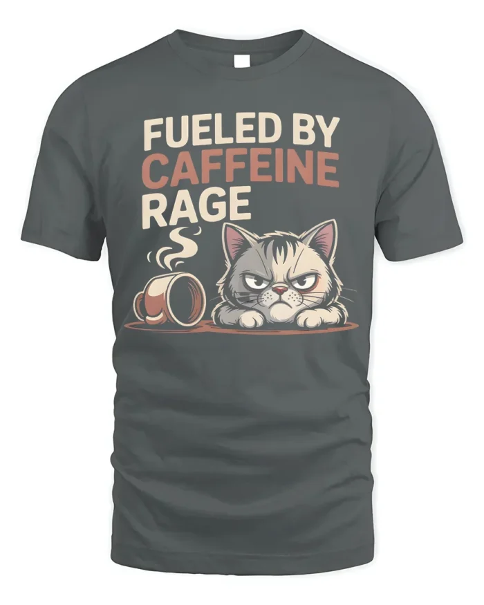 Fueled by Caffeine Rage Funny Cat T-Shirt - gray t-shirt on white background