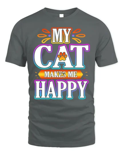 My Cat Makes Me Happy Colorful Graphic T-Shirt - gray t-shirt on white background