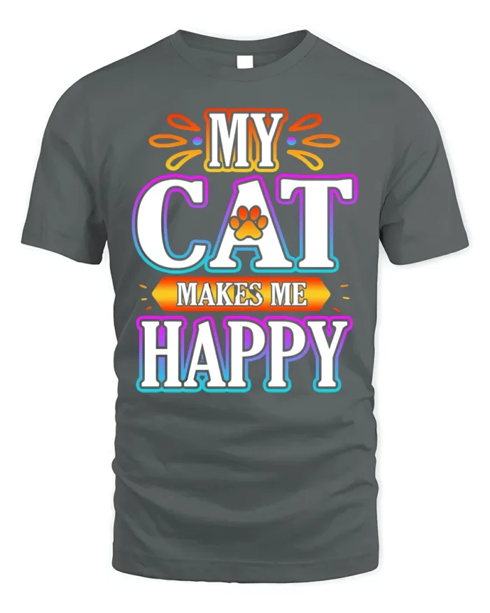 My Cat Makes Me Happy Colorful Graphic T-Shirt - gray t-shirt on white background