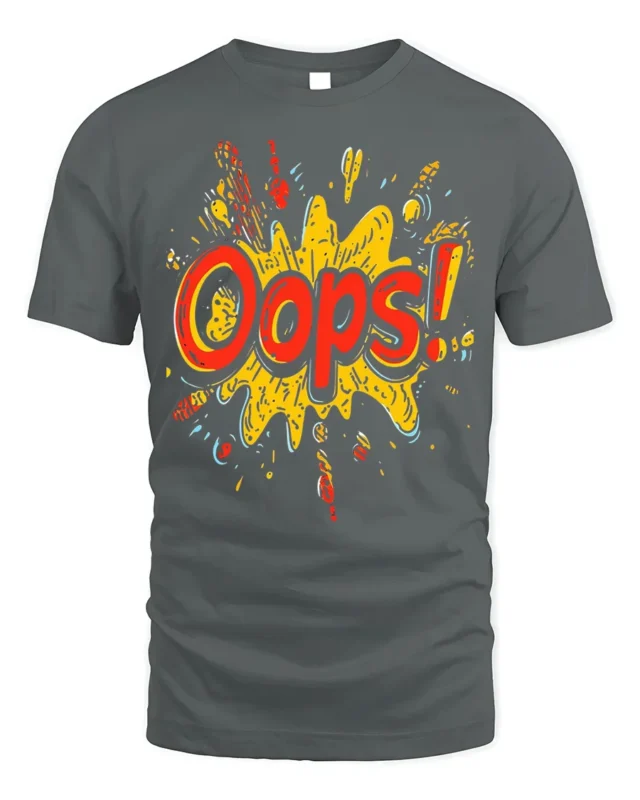 Oops Comic Splash Funny Graphic Style T-Shirt - gray t-shirt on white background