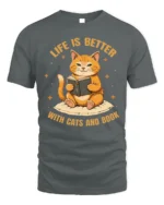 Life Is Better With Cats and Book Graphic T-Shirt - gray t-shirt on white background