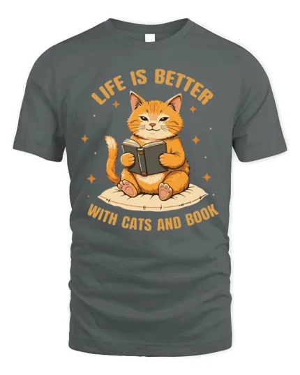 Life Is Better With Cats and Book Graphic T-Shirt - gray t-shirt on white background