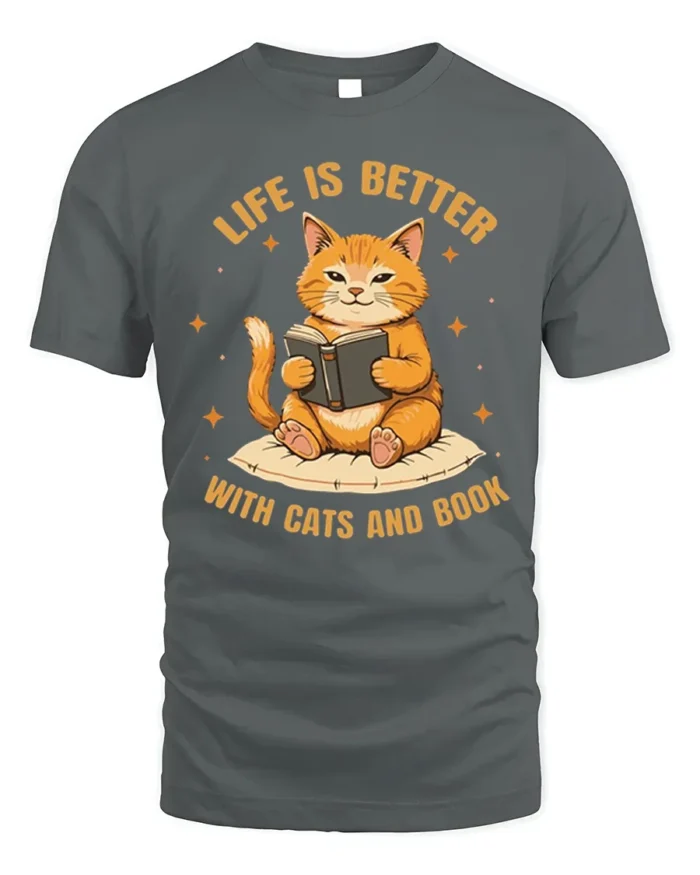 Life Is Better With Cats and Book Graphic T-Shirt - gray t-shirt on white background