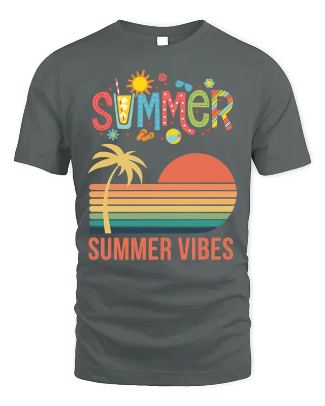 Summer Vibes Retro Sunset Palm Tree T-Shirt - gray t-shirt on white background