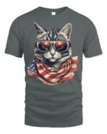 Patriotic Cat USA Flag Sunglasses Graphic T-Shirt - gray t-shirt on white background