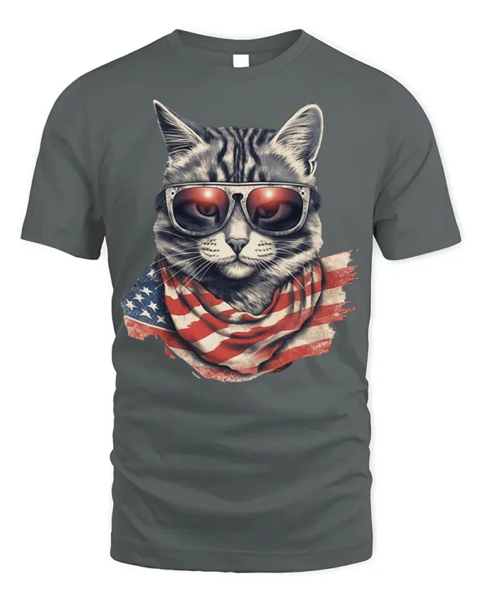 Patriotic Cat USA Flag Sunglasses Graphic T-Shirt - gray t-shirt on white background