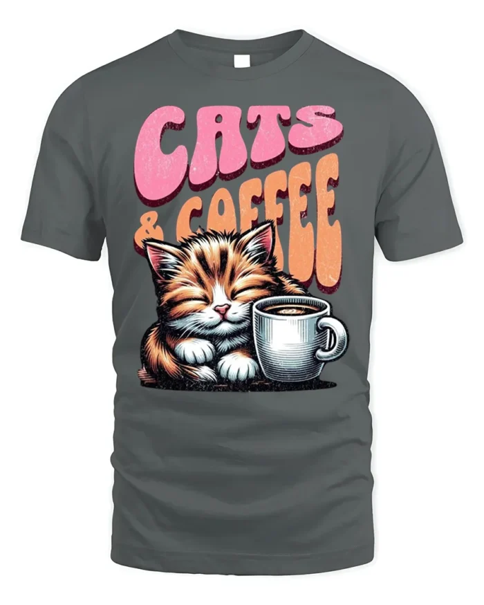 Cats and Coffee Retro Vintage Graphic T-Shirt - gray t-shirt on white background