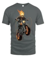 Flaming Skull Rider Motorcycle Graphic T-Shirt - gray t-shirt on white background