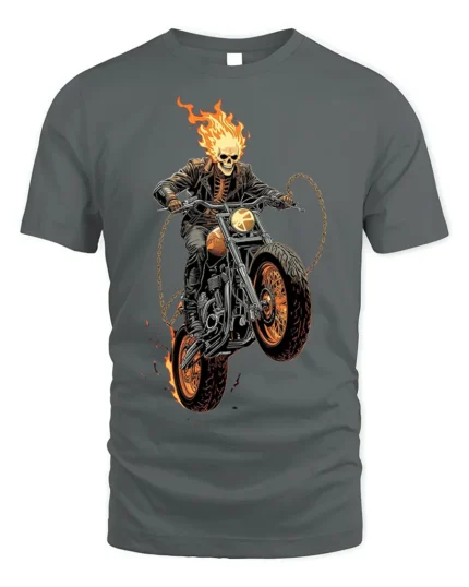 Flaming Skull Rider Motorcycle Graphic T-Shirt - gray t-shirt on white background