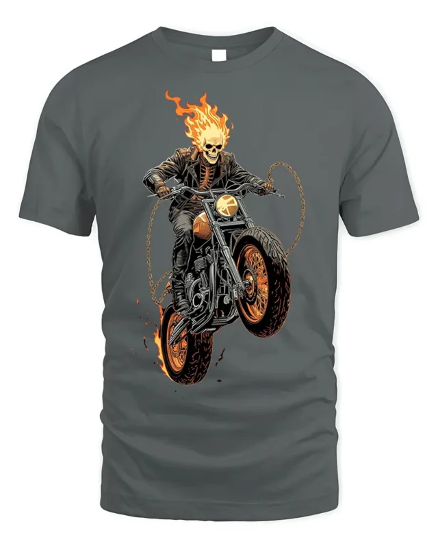 Flaming Skull Rider Motorcycle Graphic T-Shirt - gray t-shirt on white background