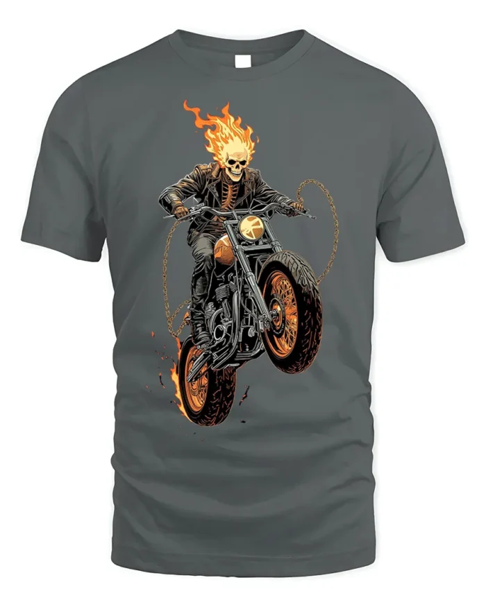 Flaming Skull Rider Motorcycle Graphic T-Shirt - gray t-shirt on white background