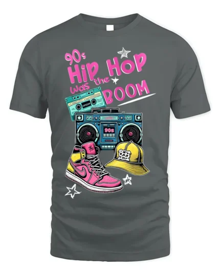 90s Hip Hop Boom Box Retro Style Graphic T-Shirt - gray t-shirt on white background