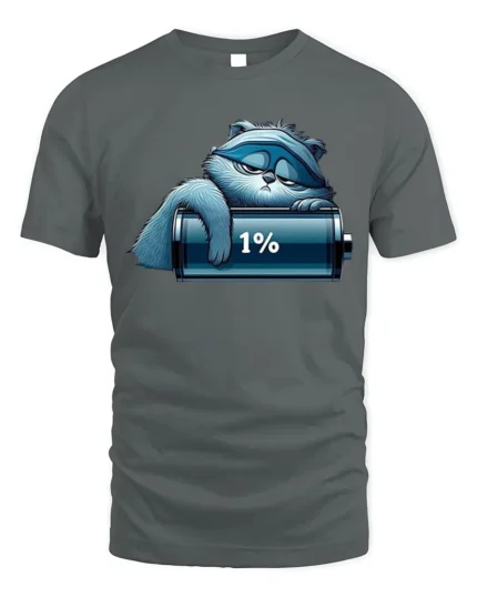 Lazy Cat Low Battery 1% Funny Graphic T-Shirt - gray t-shirt on white background