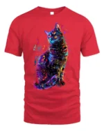 Colorful Music Cat Graphic Art Print T-Shirt - red t-shirt on white background