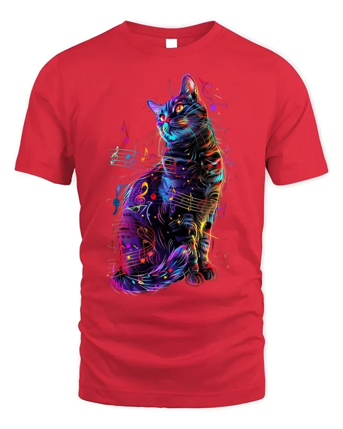 Colorful Music Cat Graphic Art Print T-Shirt - red t-shirt on white background