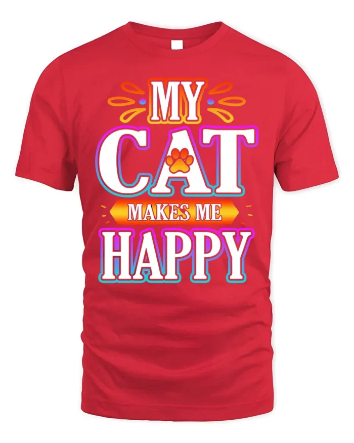 My Cat Makes Me Happy Colorful Graphic T-Shirt - red t-shirt on white background