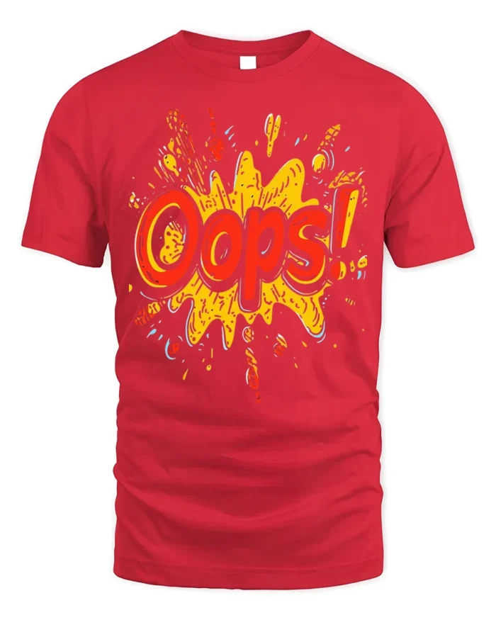 Oops Comic Splash Funny Graphic Style T-Shirt - red t-shirt on white background