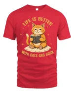 Life Is Better With Cats and Book Graphic T-Shirt - red t-shirt on white background