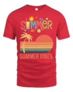 Summer Vibes Retro Sunset Palm Tree T-Shirt - red t-shirt on white background