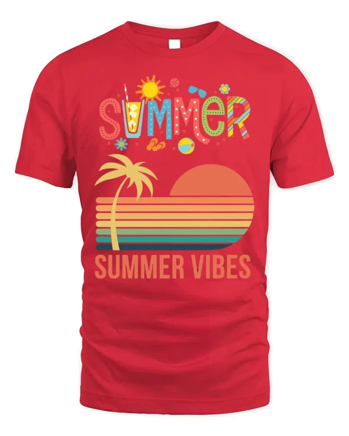 Summer Vibes Retro Sunset Palm Tree T-Shirt - red t-shirt on white background