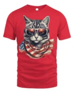Patriotic Cat USA Flag Sunglasses Graphic T-Shirt - red t-shirt on white background