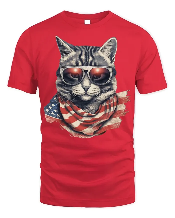Patriotic Cat USA Flag Sunglasses Graphic T-Shirt - red t-shirt on white background