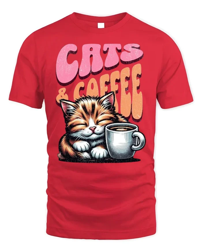 Cats and Coffee Retro Vintage Graphic T-Shirt - red t-shirt on white background