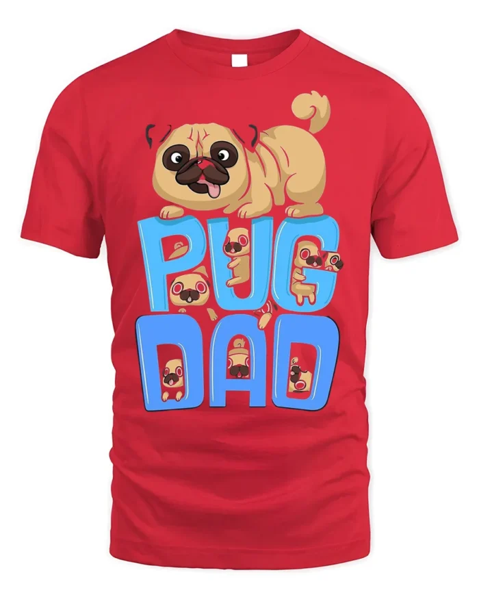 Pug Dad Funny Cartoon Dog Lover T-Shirt - red t-shirt on white background