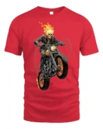 Flaming Skull Rider Motorcycle Graphic T-Shirt - red t-shirt on white background