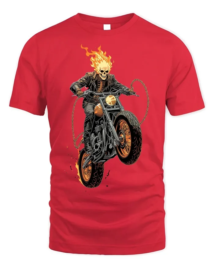 Flaming Skull Rider Motorcycle Graphic T-Shirt - red t-shirt on white background