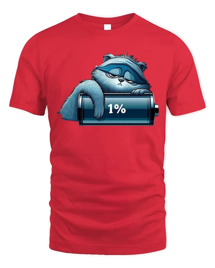Lazy Cat Low Battery 1% Funny Graphic T-Shirt - red t-shirt on white background