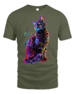 Colorful Music Cat Graphic Art Print T-Shirt - military green t-shirt on white background