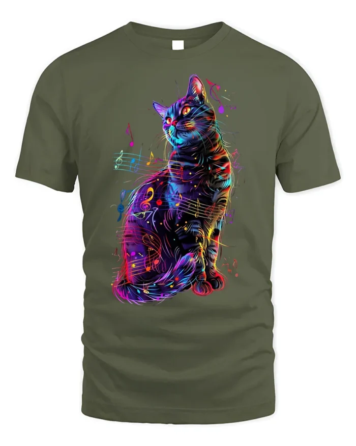 Colorful Music Cat Graphic Art Print T-Shirt - military green t-shirt on white background