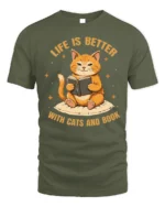 Life Is Better With Cats and Book Graphic T-Shirt - military green t-shirt on white background