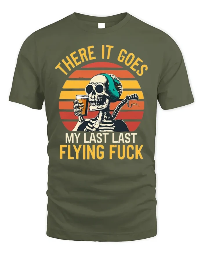Skeleton Retro Sunset Funny Drinking Graphic T-Shirt - military green t-shirt on white background