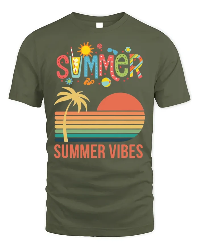 Summer Vibes Retro Sunset Palm Tree T-Shirt - military green t-shirt on white background