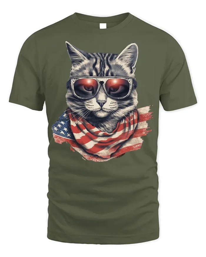 Patriotic Cat USA Flag Sunglasses Graphic T-Shirt - military green t-shirt on white background