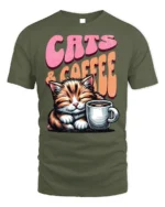 Cats and Coffee Retro Vintage Graphic T-Shirt - military green t-shirt on white background